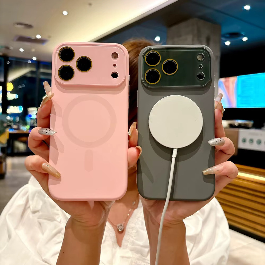 Stoßfeste Silikon Schutzhülle für Apple iPhone 12 bis 17 Pro Max mit magnetischer Aufladung und Fensterlinsenschutz in Pink - Bild 1