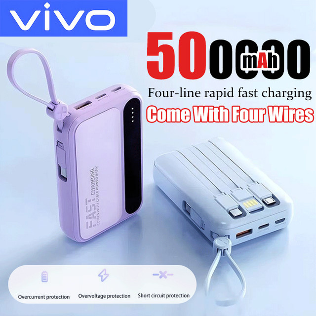 VIVO Tragbare Powerbank mit 50000 mAh und integrierten 4 Kabeln für iPhone und Samsung in Lila - Bild 1