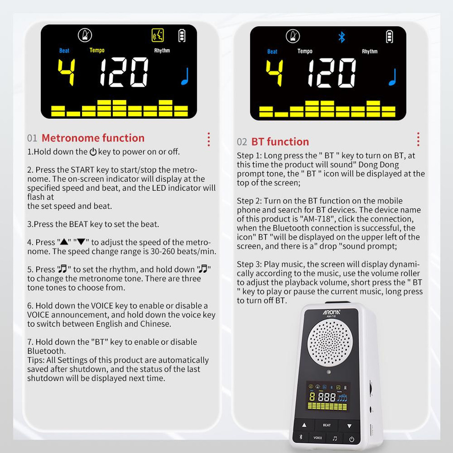 AROMA 2-in-1 Metronom und Bluetooth-Lautsprecher für Gitarre, Klavier, Trommel und Violine, wiederaufladbares digitales Metronom in Schwarz, H x B x T: 11,9 x 6,6 x 5,9 cm - Bild 2