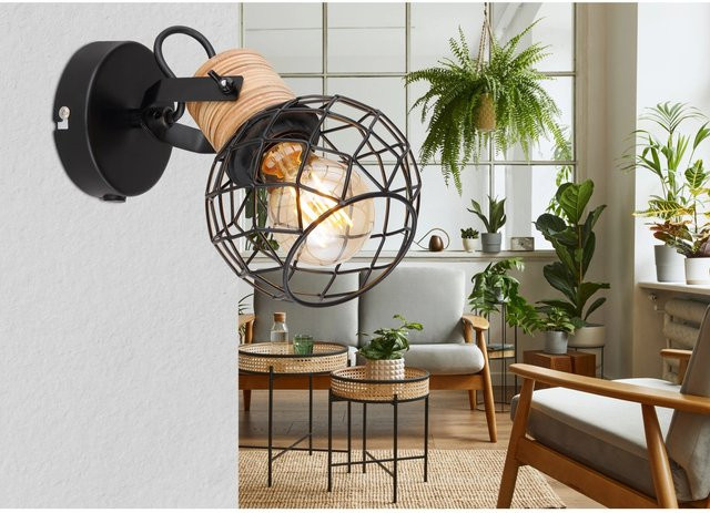 Globo Strahler Lacky 1-flammig Schwarz matt aus Holz und Metall mit E27 Fassung, Breite: 12,0 cm, Höhe: 17,5 cm - Bild 1