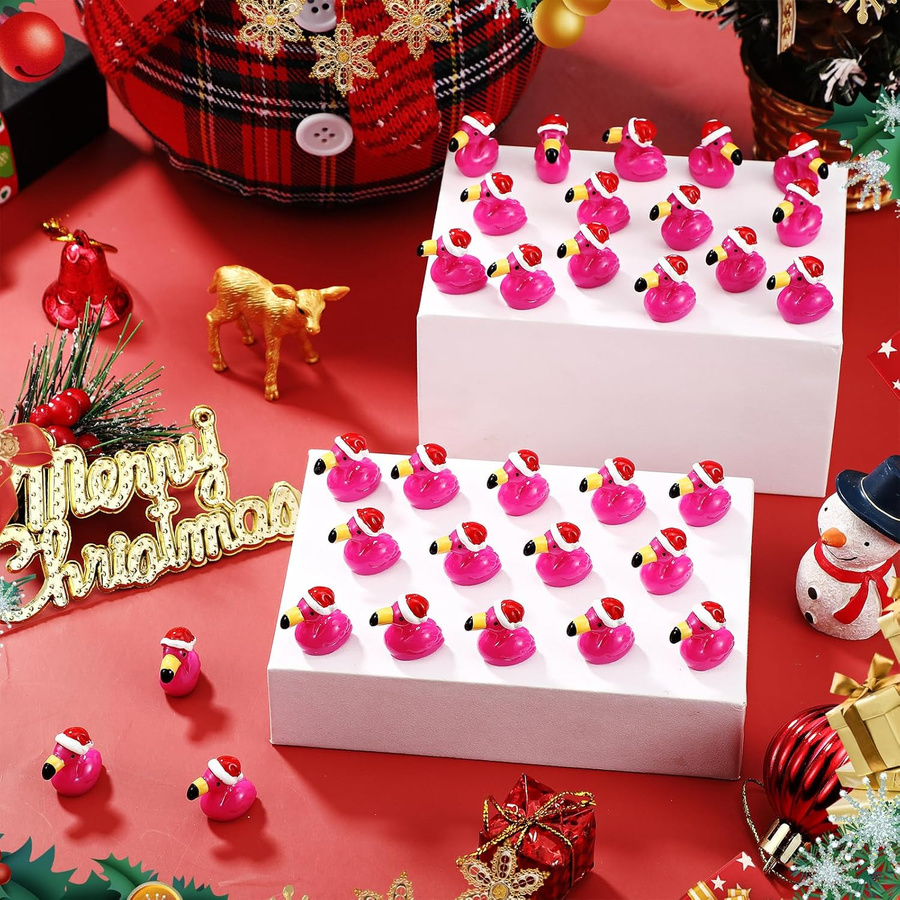 Yiran Toy Mini Flamingo Weihnachtsornamente aus Harz in Pink mit Weihnachtsmannmütze für Feengarten und Tischdekoration - Bild 2