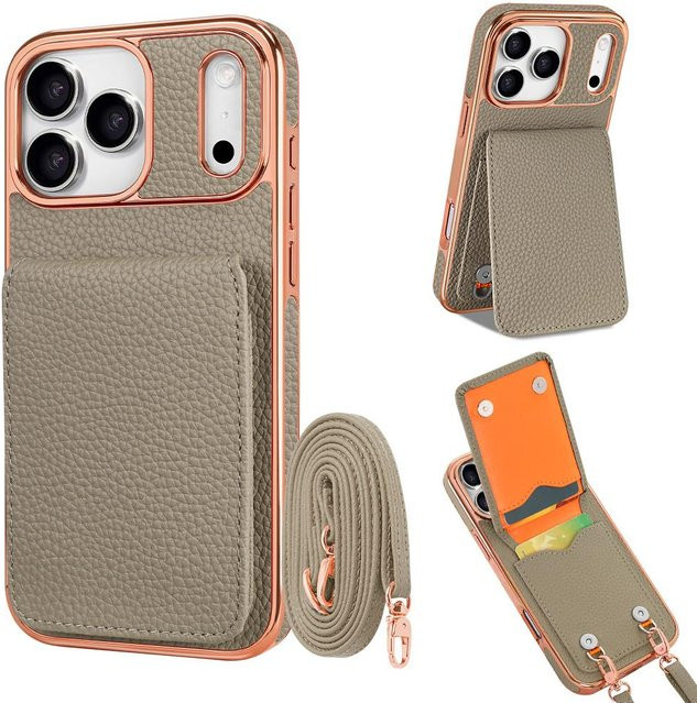 HQBBRO Crossbody Tasche mit Litschi-Muster und Kartenhalter für iPhone, inklusive Handyhülle mit Lanyard und Ständer, Farbe: Grau - Bild 1