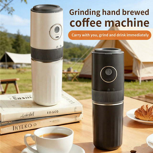 JFBONIN 2-in-1 Tragbare Kabellose Outdoor-Camping-Kaffeemaschine mit Kaffeebohnenmahlung und Handbrühfunktion in Schwarz - Bild 1