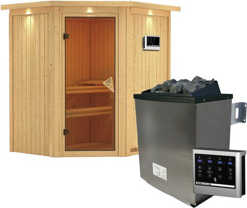 Karibu Sauna Narva in Beige mit 9 kW Saunaofen und externer Steuerung für 3 Personen, B/T/H: 202 x 184 x 165 cm - Bild 1