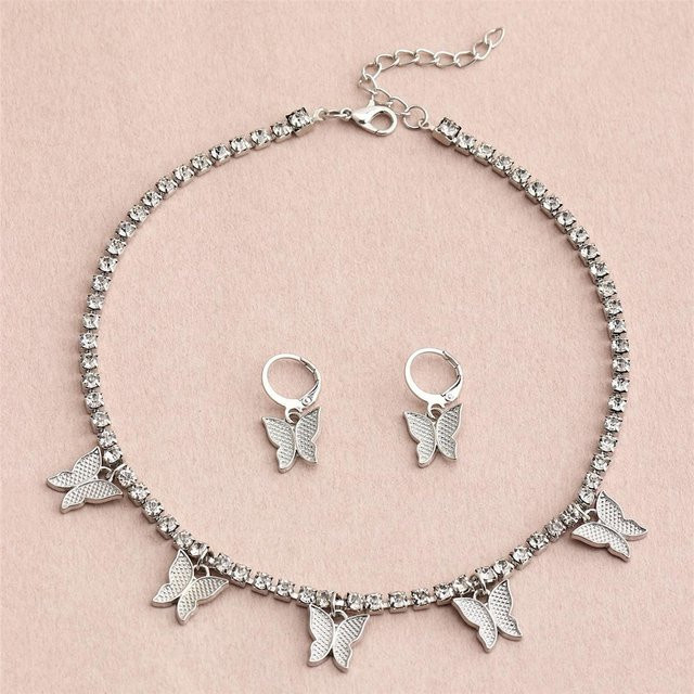 Schmuck-Set Halskette und Ohrringe, Silber, Schmetterling, Zirkonia, Damen - Bild 1