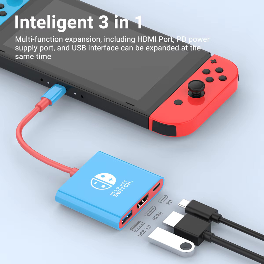 Tragbare Nintendo Switch Docking Station USB-C Hub mit HDMI und USB 3.0 in Blau und Rot - Bild 2