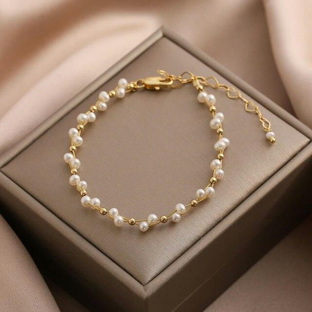 Armband Allbestart, Süßwasser-Perlen, Golddraht, geflochten, gray, Damen - Bild 1