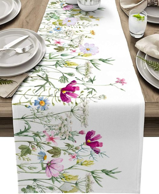 JINGYUE Pet Tischläufer aus Leinen mit floralem Frühlingsmuster in Weiß, B/L: 150 x 33 cm - Bild 1
