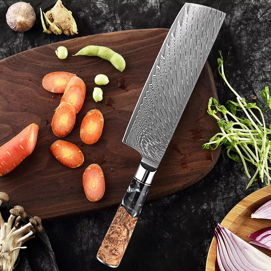 XITUO Nakiri-Messer aus Damaszener Stahl mit Holzgriff, 17,78 cm, Mehrfarbig - Bild 5