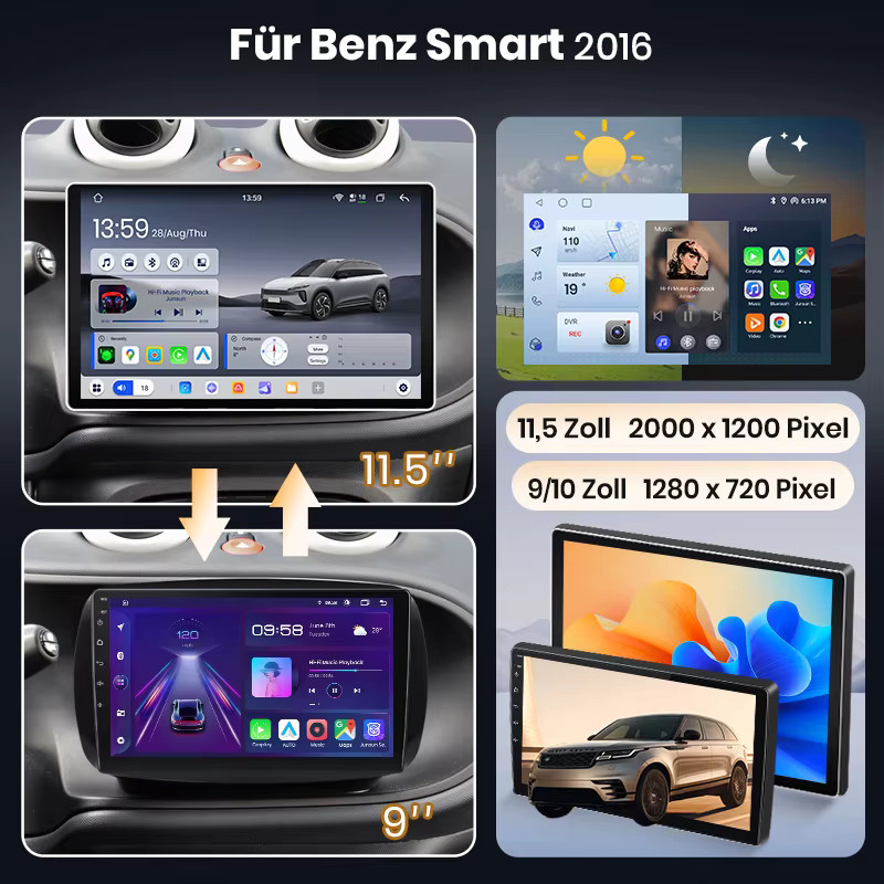 Junsun Android 15 Autoradio für Mercedes Benz Smart 453 Fortwo 2014-2020 mit 9 Zoll IPS-Bildschirm, kabelloses Apple CarPlay und Stereo-Multimedia-Videoplayer in Schwarz - Bild 2