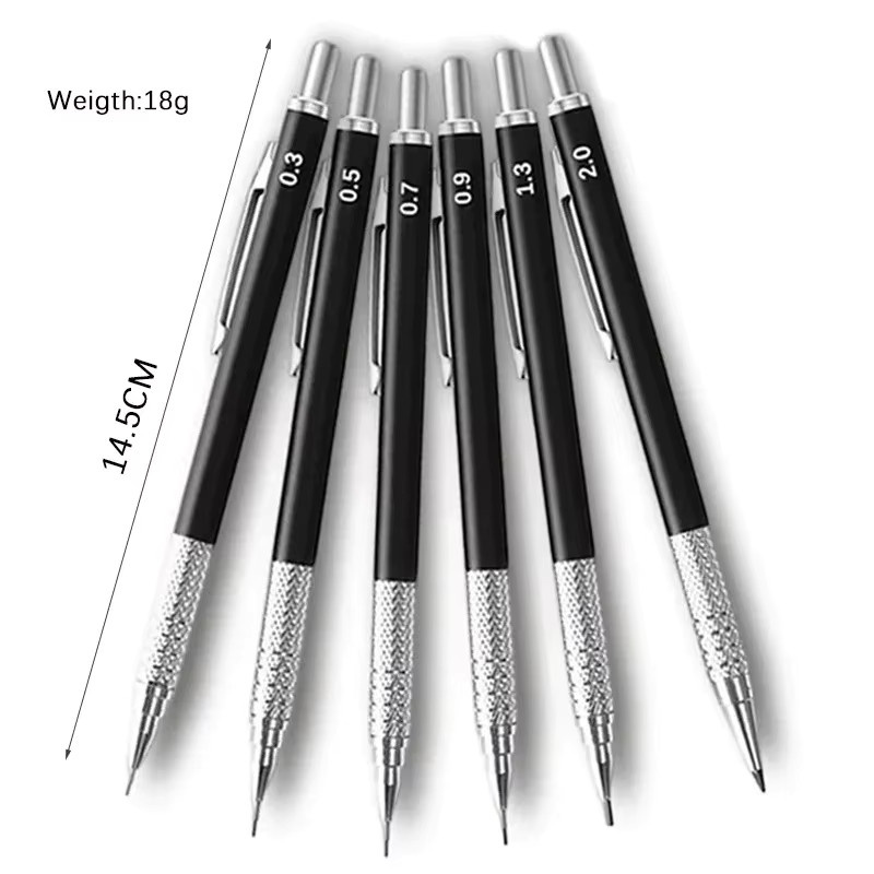 Hopk Metall Druckbleistift Set mit 2B Minen in den Stärken 0,3 mm, 0,5 mm, 0,7 mm, 0,9 mm und 2,0 mm in Schwarz - Bild 5