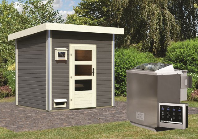 Saunahaus NORGE in Terragrau mit 9.0 kW BioKombiofen und Steuergerät sowie ISOGlas Klarglas, B/T: 231 x 196 cm - Bild 1