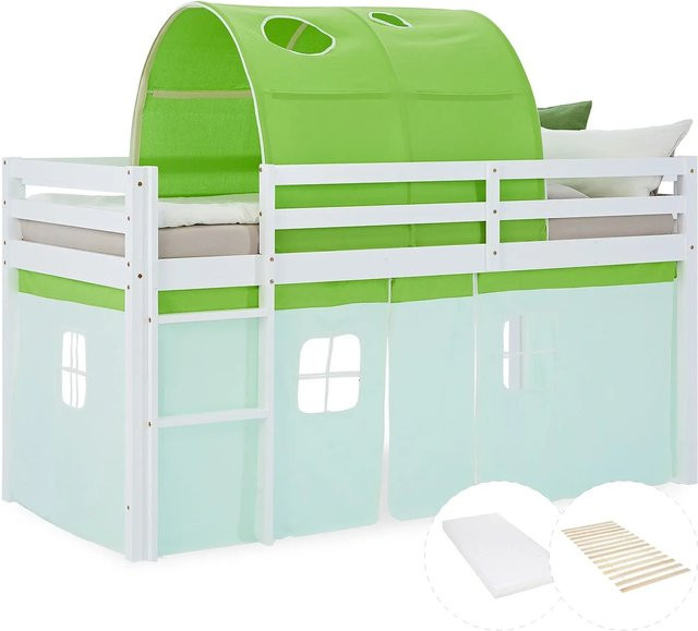 Homestyle4u Kinder Hochbett aus Kiefernholz mit Tunnel Vorhang und Matratze in Grün, B/T/H: 207,5 x 90 x 149,5 cm - Bild 1