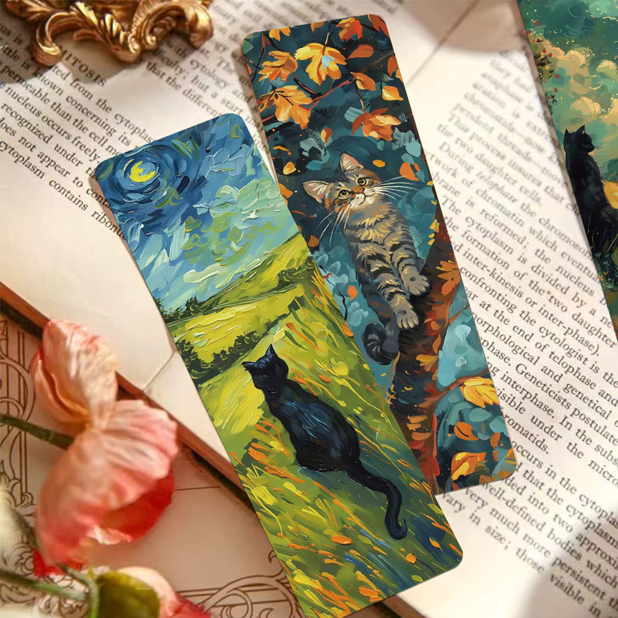 Van Gogh Sternennacht Katzen-Lesezeichen im Ölgemälde-Stil, buntes Papier-Seitenmarkierer Design für Katzenliebhaber - Bild 2
