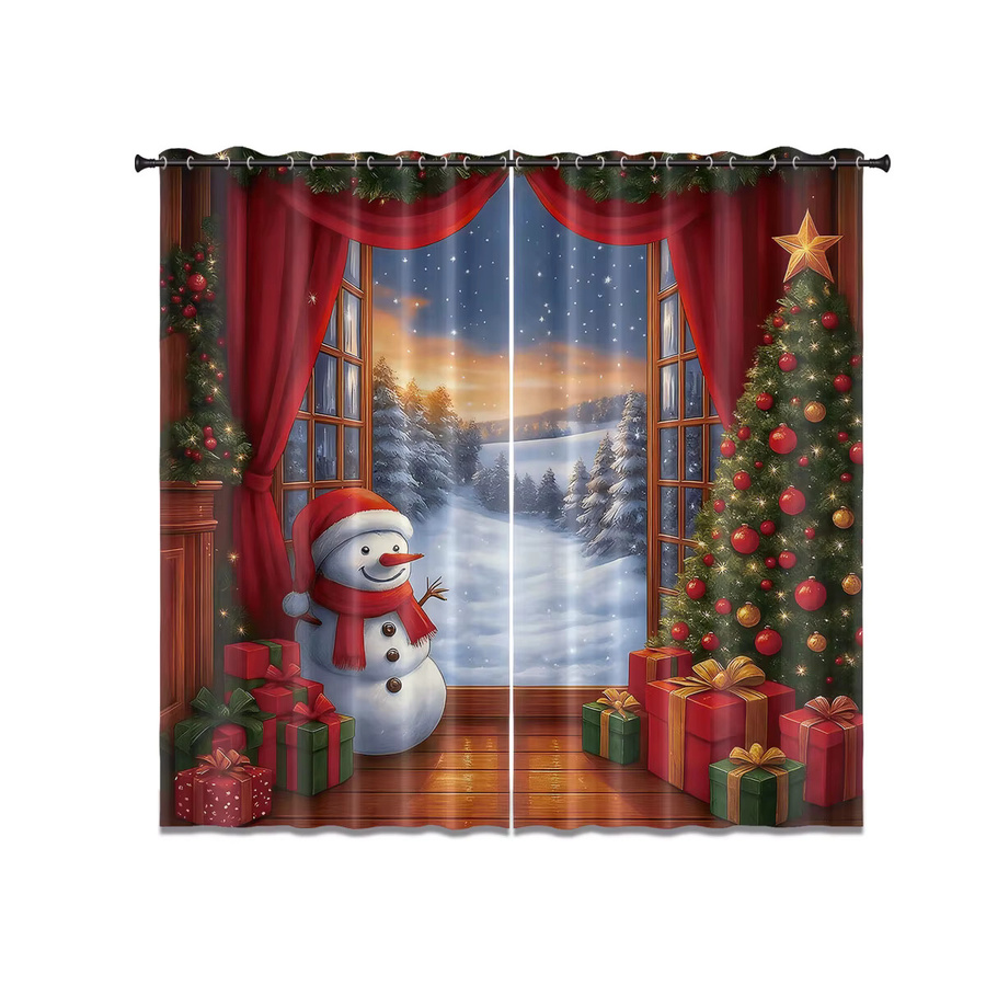 2er-Set Weihnachtliche Schattenvorhänge mit Schneemann-Print, Thermoisolierend und Blickdicht, Mehrfarbig - Bild 2