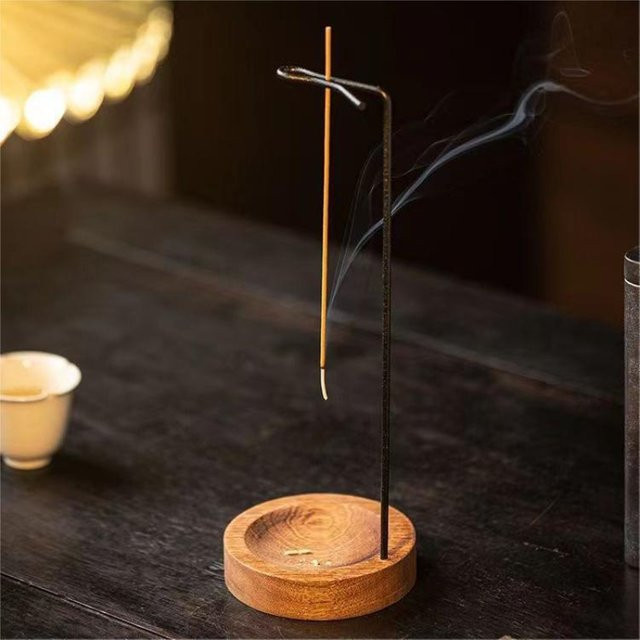 YXYMCF Upside Down Räuchergefäß aus Metall mit Holzsockel für Räucherstäbchen im Zen-Stil - Bild 1