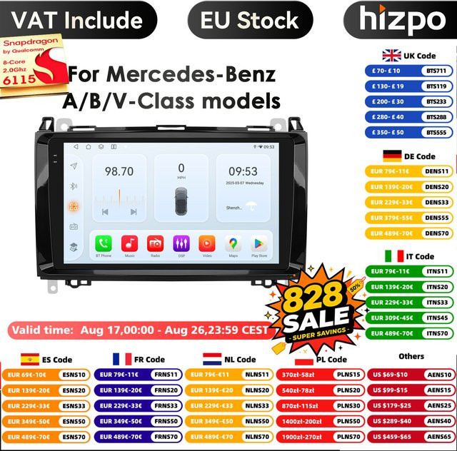 HIZPO Android Autoradio mit GPS und 128GB Speicher für Mercedes Benz B200 Sprinter W906 W639 A-Klasse W169 W245 Viano Vito in Schwarz - Bild 1