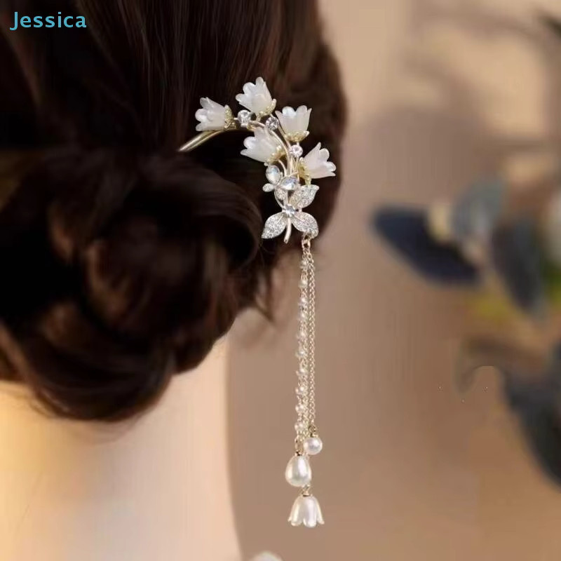 Jessica Haarspange mit Blumenmuster, Kristall- und Perlenquaste - Bild 2