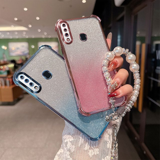 Stoßfeste TPU-Handyhülle mit luxuriösem Perlenketten-Handgelenksband für Samsung Galaxy A20S A207 in Pink mit Gradient Glitter Design - Bild 1