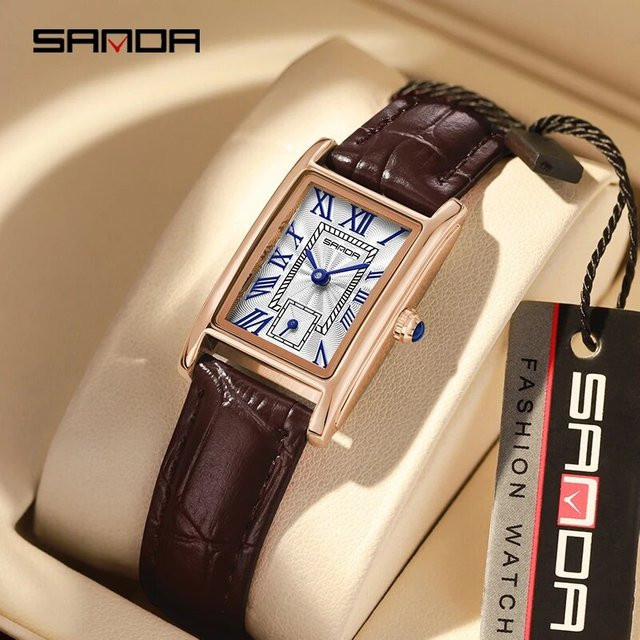 Sanda Armbanduhr, Quarz, Rechteckiges Zifferblatt, Leder, Damen, Schwarz - Bild 1