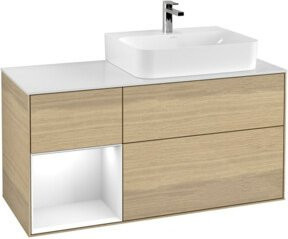 Villeroy & Boch Finion Waschtischunterschrank mit Abdeckplatte und Regal links, Farbe Weiß und Eichenfurnier, B/T/H: 120 x 50,1 x 50,1 cm - Bild 1