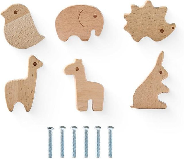 Binchi Outdoor Product Boho Holz Schubladengriffe Set mit Dinosaurier und Wolke in Beige und Multicolour inklusive Schrauben - Bild 1