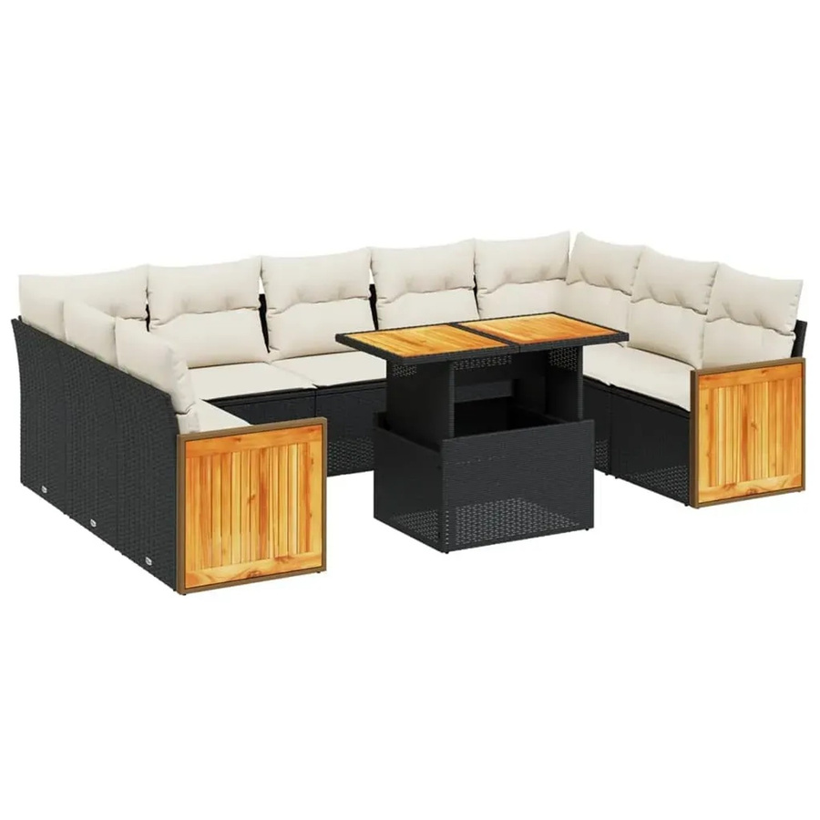 vidaXL 10-tlg. Garten-Sofagarnitur in U-Form aus Polyrattan und Akazienholz mit Kissen, Schwarz - Bild 2