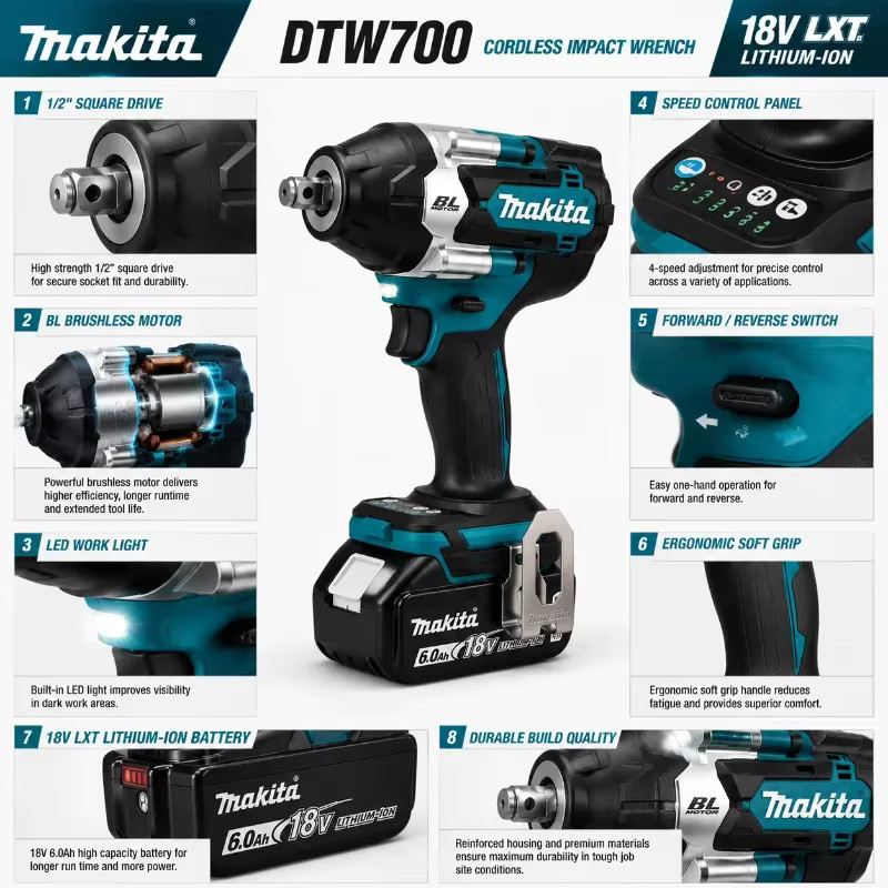 Makita DTW700 Bürstenloser Schlagschrauber 1/2 Zoll mit 1000 Nm Drehmoment, kabelloser Elektroschrauber für 18V Akku - Bild 3