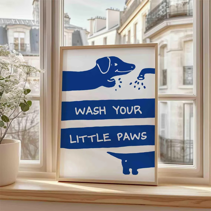 Poster Wasch deine kleinen Pfoten mit niedlichem Dackel als Badezimmer-Wandkunst für Kinder in Blau - Bild 4