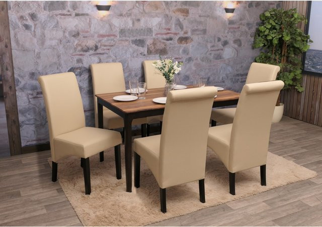 6er-Set Esszimmerstühle MCW Cesena aus Leder in Beige mit dunklen Füßen - Bild 1