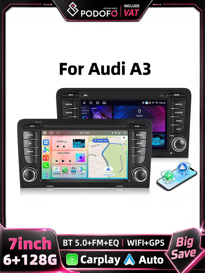 Podofo 7 Zoll 2 Din Autoradio Multimedia-Player mit Bluetooth und HD Kapazitivem Touchscreen für Audi A3 8P/A3 8P1 3-Türer Schrägheck, S3 8P/RS3 Sportback, Kabelloses Carplay, Android Auto und Mirror Link, Schwarz - Bild 4