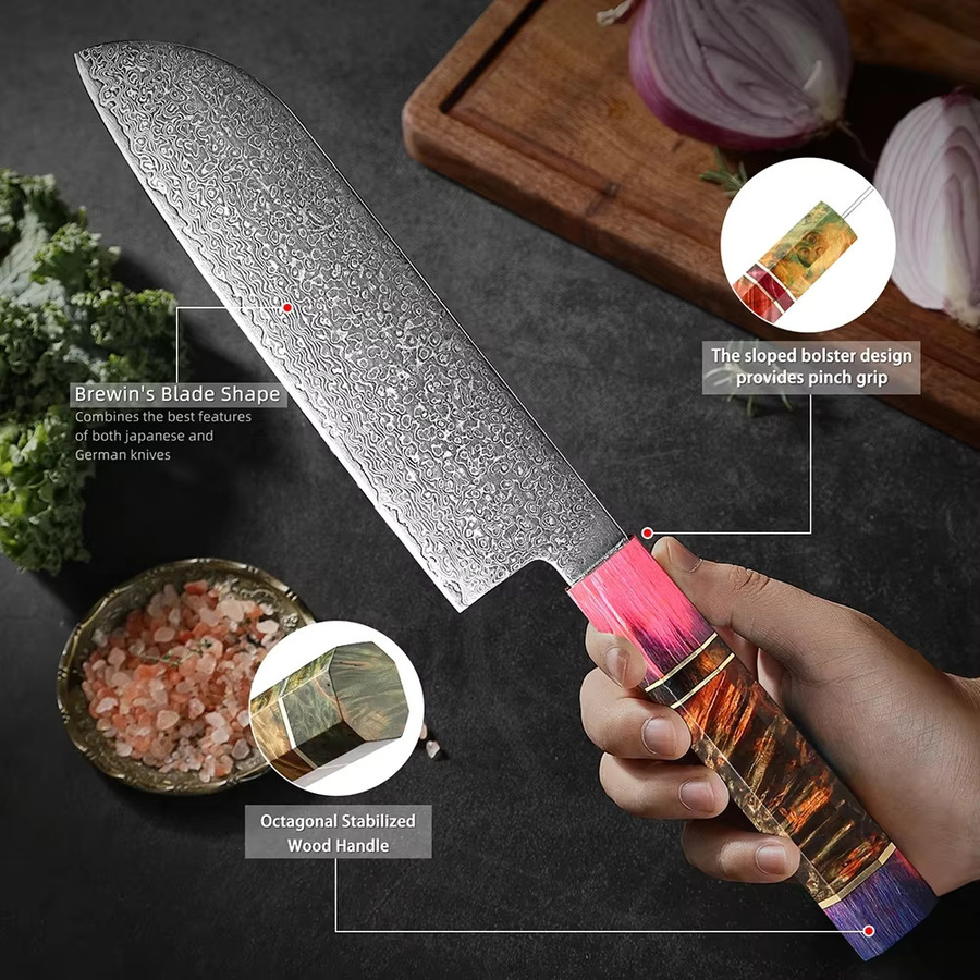XITUO 7-teiliges Küchenmesser-Set aus Damaszener Stahl in Multicolour mit stabilen achteckigen Holzgriffen inklusive Santoku, Hackmesser, Schälmesser, Brotmesser, Ausbeinmesser und Kochmesser - Bild 2