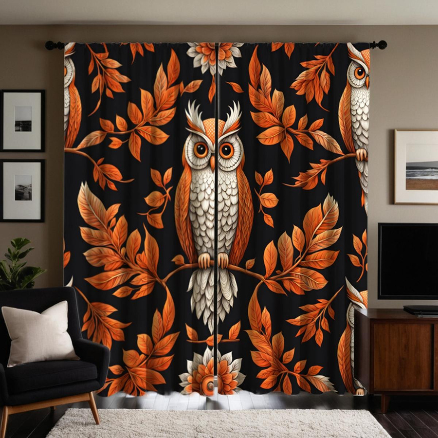 2er-Set dekorative Vorhänge mit Eulen- und Ahornblatt-Motiv in Schwarz und Multicolour, Breite: 132 cm, Höhe: 160 cm - Bild 3