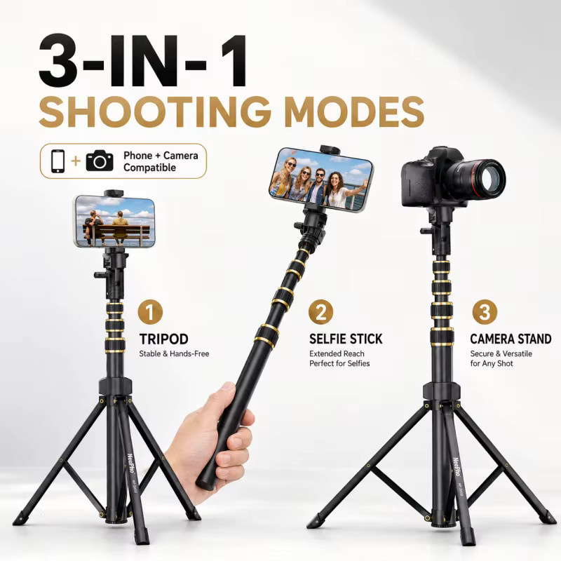 Nefio Ausziehbarer Telefon-Stativ Selfie-Stick mit Handyhalterung und Tragbarer Tasche für iPhone und Android, Schwarz, 210 cm - Bild 3