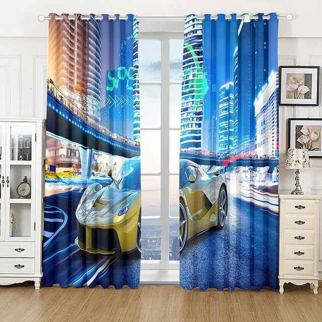 A Family Of Home Textiles 3D-Vorhang mit Rennauto-Motiv in Blau, halbtransparent, Breite: 100 cm, Höhe: 160 cm - Bild 1