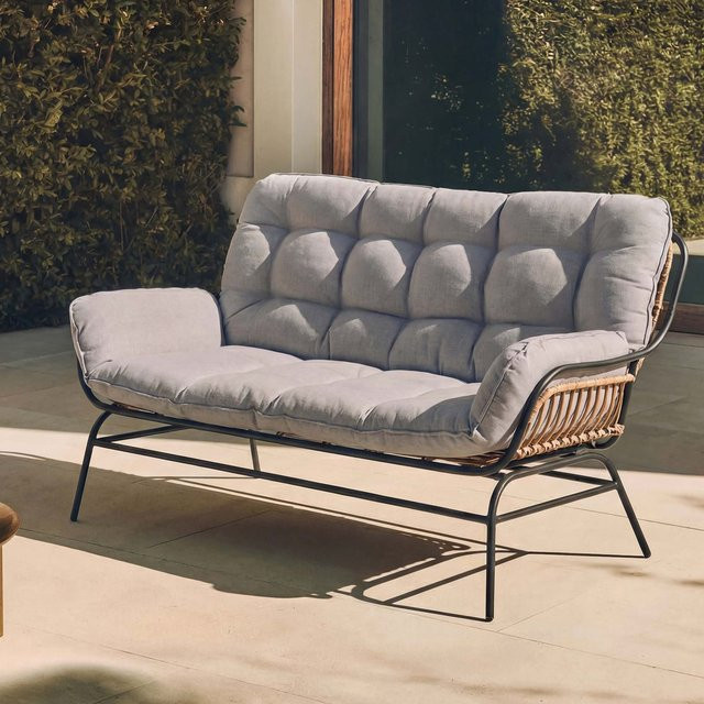 MCW 2er-Sofa P75 Gartenbank aus Poly-Rattan und Metall mit Polstern in Dunkelgrau und Hellgrau - Bild 1