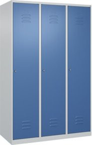 C+P Spind Classic PLUS Garderobenschrank mit 3 Abteilen, Zylinderschloss, 4 Garderobenhaken und mittiger Trennwand, Farbe: Grau/Blau, H x B x T: 185 x 120 x 50 cm - Bild 1