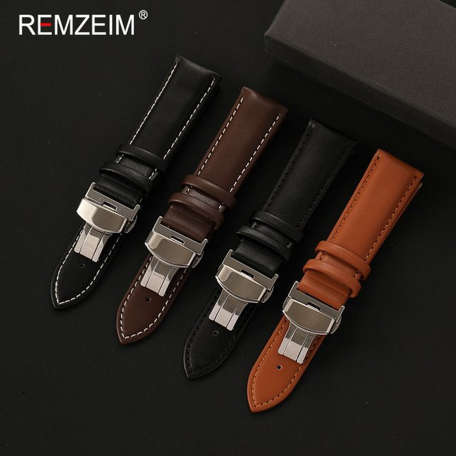REMZEIM Uhrenarmband PU-Leder, Schmetterlingsverschluss, Schwarz, Herren - Bild 1