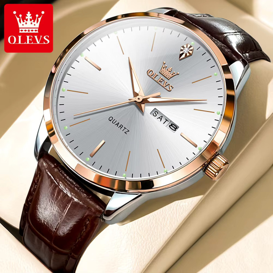 OLEVS Armbanduhr, Quarz, Edelstahl, Roségold, Leder, Herren - Bild 4