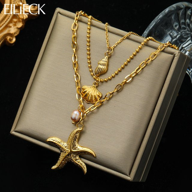 EILIECK Halskette Edelstahl, Perle, Gold, Damen - Bild 1