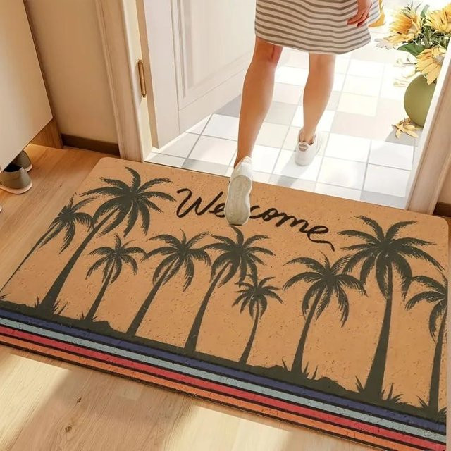 Lodestar Retro Teppich mit Hund Katze Sonnenblume und Kokospalmen Motiv, Mehrfarbig, Anti-Rutsch und Saugfähig, B/T/H: 80 x 50 x 1 cm - Bild 1