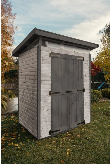 UPYARD Holz-Gartenhaus Strongbox M Grau mit Pultdach und lasierter Holzmaserung, B: 190 cm, T: 76 cm, H: 222 cm - Bild 1