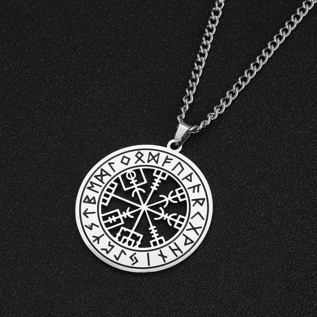 lemegeton Halskette, 24-Rune-Kompass-Anhänger, Edelstahl, Silber, Unisex - Bild 1