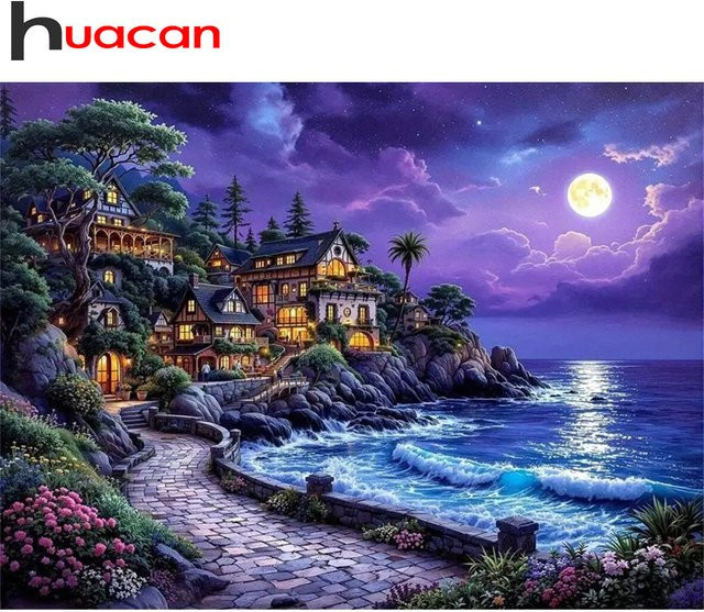 Huacan 5D-Diamantgemälde Set Meer Nachtlandschaft mit runden Steinen in Mehrfarben, Breite: 30,0 cm, Höhe: 20,0 cm - Bild 1