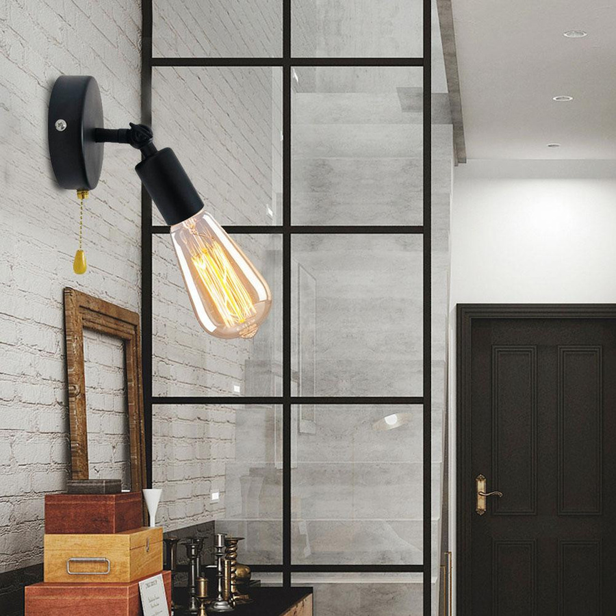 GoolRC Vintage Wandleuchte aus Eisen in Schwarz mit verstellbarem Kopf und Zugschalter für E27 Leuchtmittel - Bild 2