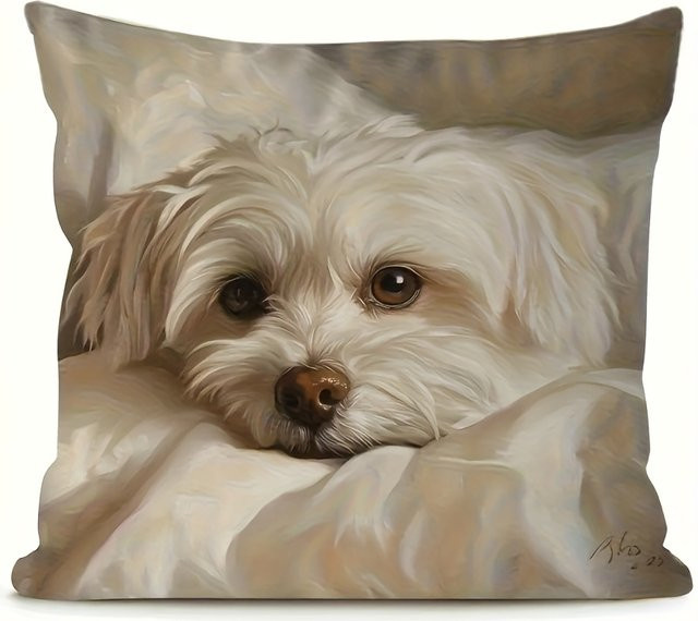 VIKAMA Malteser Hund Kissenbezug mit Kunstdruck in Beige-Weiß, quadratisch, Breite: 45 cm, Höhe: 45 cm, Tiefe: 45 cm - Bild 1