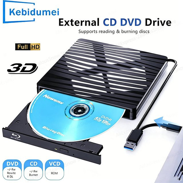 KEBIDUMEI Externes CD-DVD-Laufwerk in Schwarz mit USB 3.0 und Type-C als optisches DVD/CD-Laufwerk für Laptop und PC - Bild 1