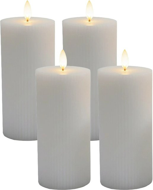 Relaxdays LED Kerzen 4er Set aus Echtwachs in Hellgrau mit Rillen-Design und flackerndem Effekt, Höhe: 18 cm - Bild 1