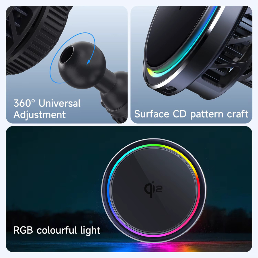 HaaYot Magnetisches kabelloses Autoladegerät mit QI2 Eiskühlung und RGB-Schnellladefunktion für MagSafe iPhone, Schwarz - Bild 3