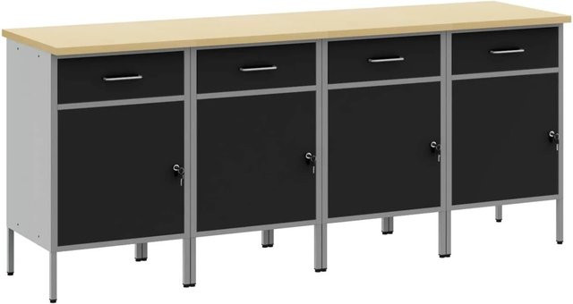 vidaXL Werkbank mit Schubladen und Pegboard, 4-teilig, Schwarz und Grau, B/T/H: 200 x 55 x 85 cm - Bild 1